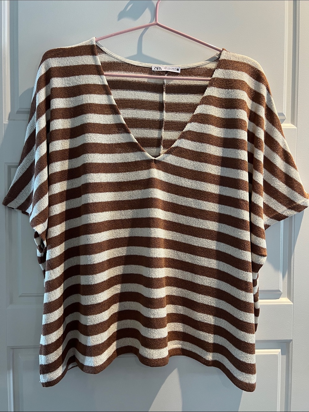 Zara Brown & Cream Striped V-Neck Knit Tunic